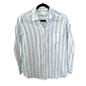 H&M Linen Striped Button Front Blouse Blue White XS